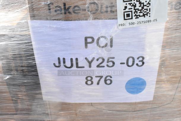 Plastic-wrapped pallet with tag reading "PCI JULY25-03 876" and QR code. Contains scratch and dent items like napkins and lids.