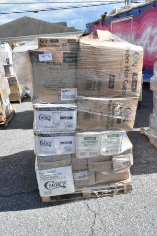 Stack of boxed items including Choice plastic tumblers, paper hot cups, beverage napkins, and t-shirt bags, shrink-wrapped on a pallet.