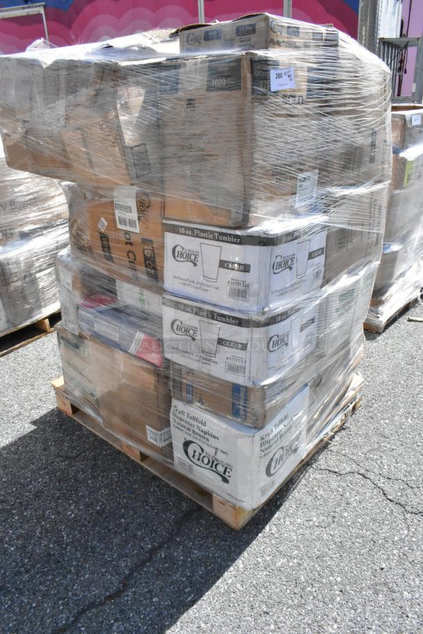 Pallet of new "Choice" brand items, including bowls, plates, cups, and more. Wrapped, labeled, "Choice 10 oz. Plastic Tumblers."