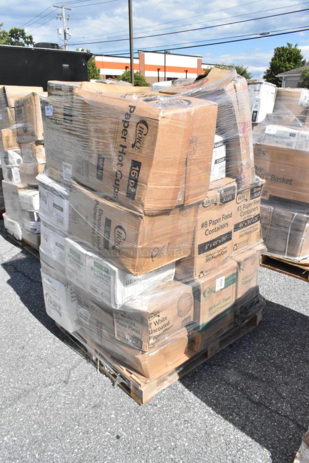 Pallet of boxed items, including Choice brand hot cups and food containers, in scratch and dent condition, wrapped in plastic.