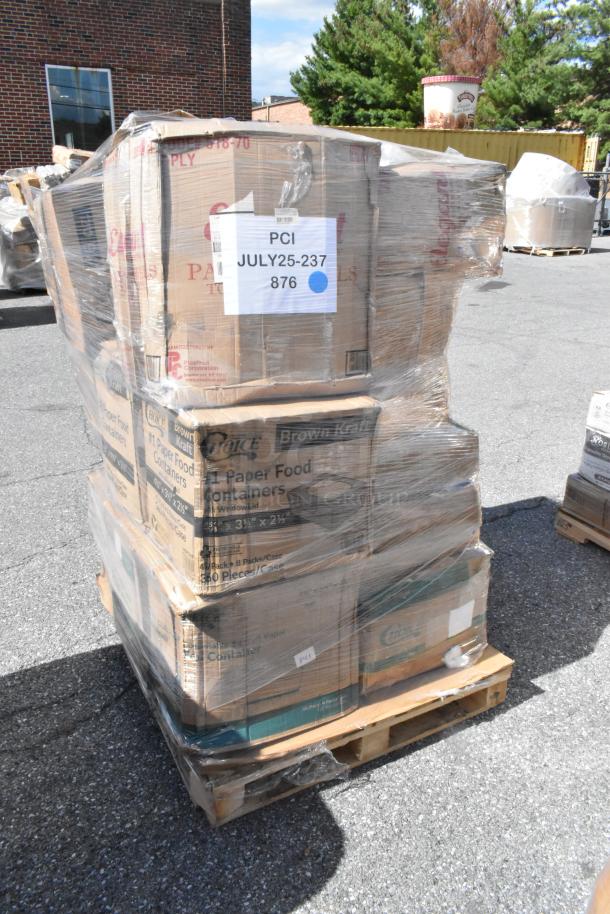 Pallet of 30 new scratch and dent items, including bowls, plates, hot cups, and more, wrapped in plastic with visible labeling.