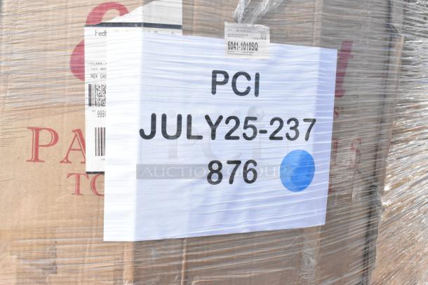 Wrapped package with labels showing "PCI JULY25-237 876" and FedEx shipment details. Contains scratch and dent items like bowls, plates, etc.
