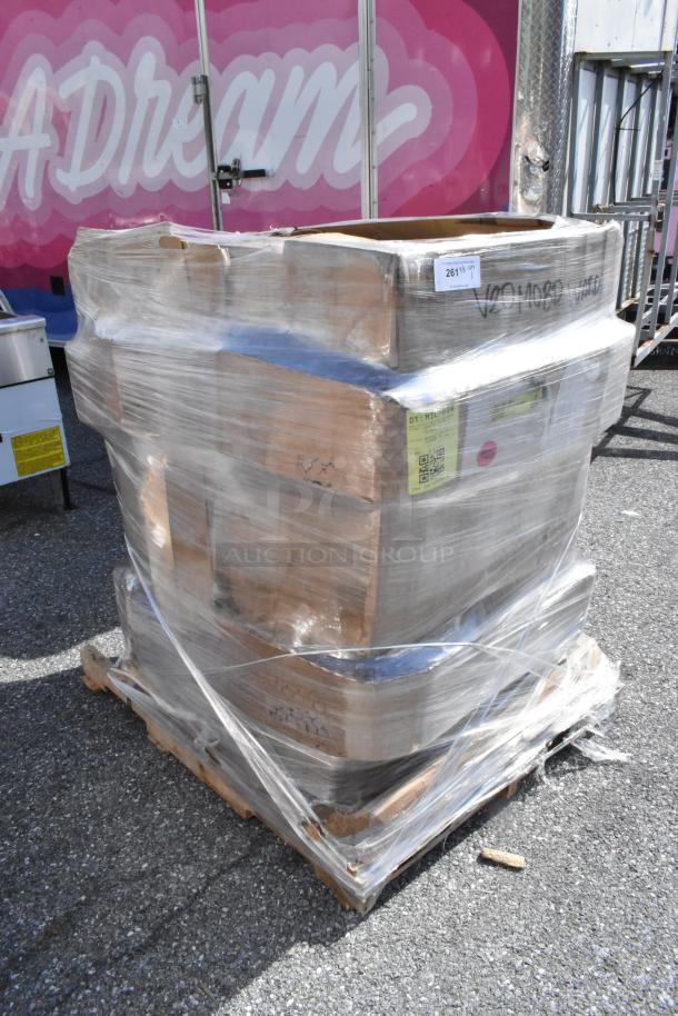 Plastic-wrapped pallet of 12 new Lancaster Table & Seating black vinyl double ring swivel bar stools marked "scratch and dent."