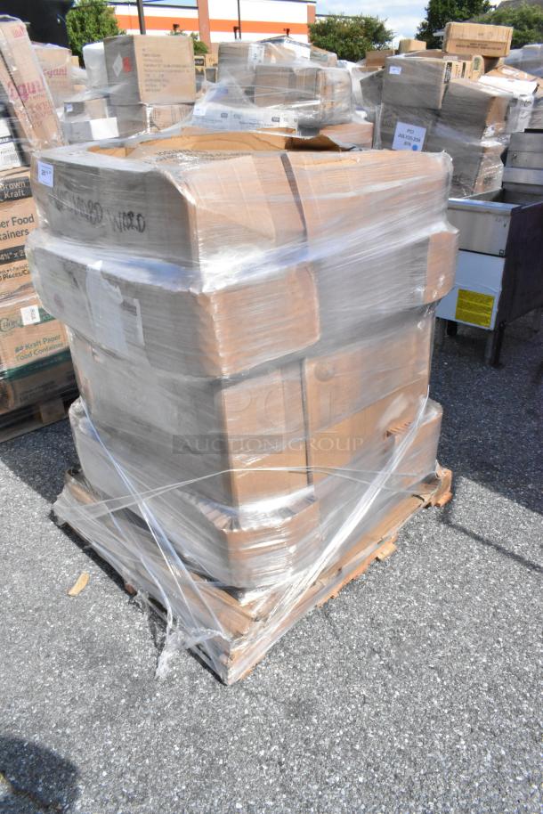 Stacked boxes on a pallet with 12 Lancaster Table & Seating black vinyl double ring swivel bar stools. New, scratch and dent condition.
