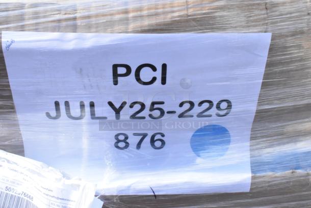 12 new Lancaster Table & Seating black vinyl double ring swivel bar stools, labeled "PCI JULY25-229 876", still wrapped.
