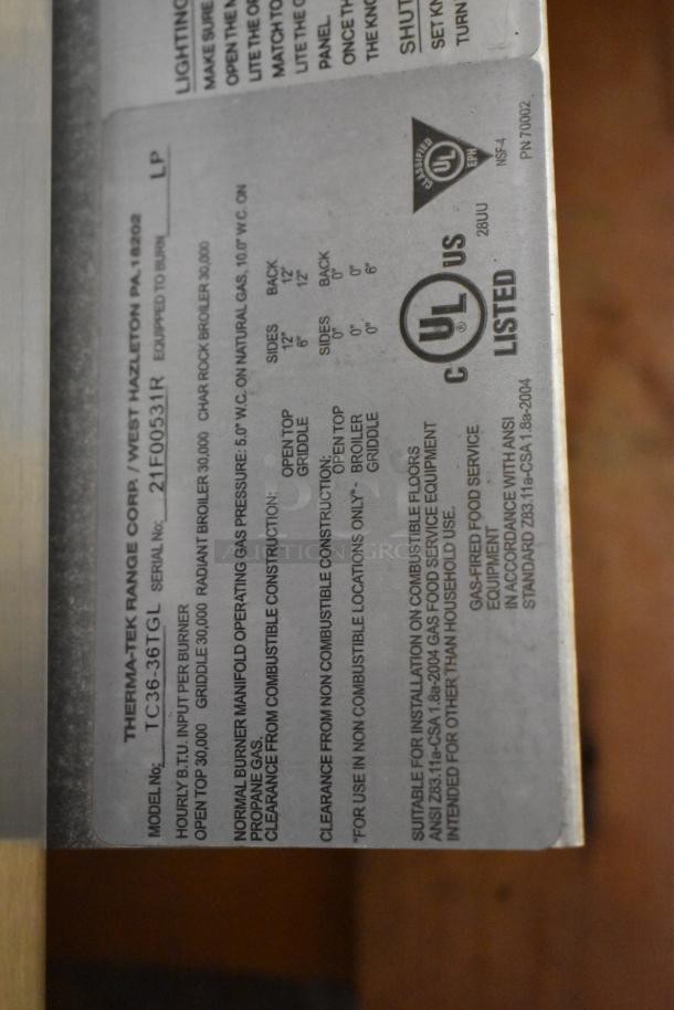 2021 Therma-Tek TC36-36TGL stainless steel propane gas griddle label; UL listed, commercial use, model, and serial details.