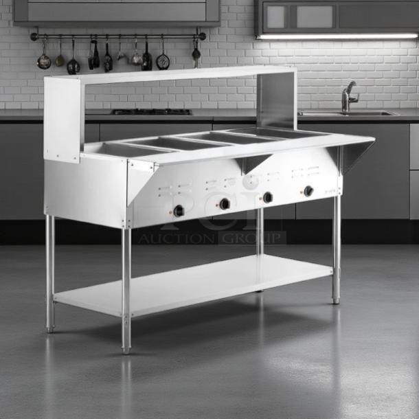 Avantco STE-4SGA four pan electric steam table with undershelf, overshelf, and sneeze guard. Tested, working condition.