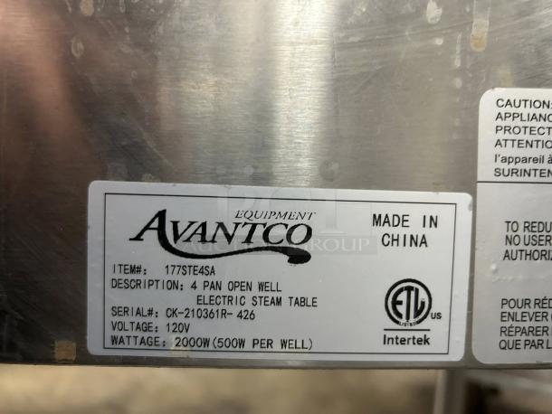 Avantco STE-4SGA electric steam table label showing model, serial number, 120V, 2000W, and ETL certification. Made in China.