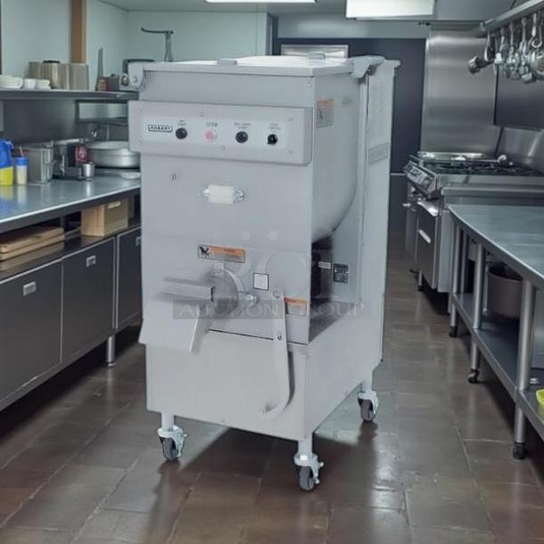 Hobart 4246-2 meat grinder/mixer, #32, 7.5 HP, 208V, 3-phase, tested working, stainless steel, on wheels in commercial kitchen.