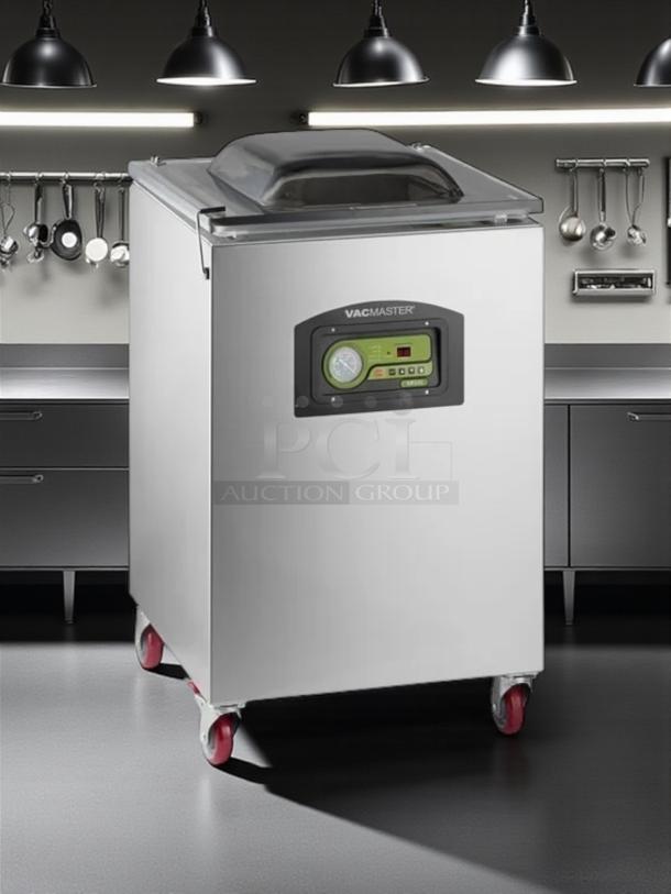 VacMaster 129 chamber vacuum sealer, stainless steel, digital control panel, mounted on red caster wheels, excellent condition.