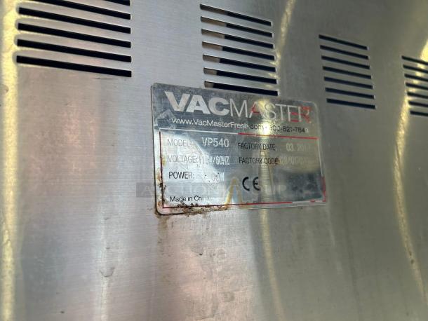 VacMaster VP540 commercial vacuum sealer, stainless steel, model label shows voltage 110V/60HZ, made in China, used condition.