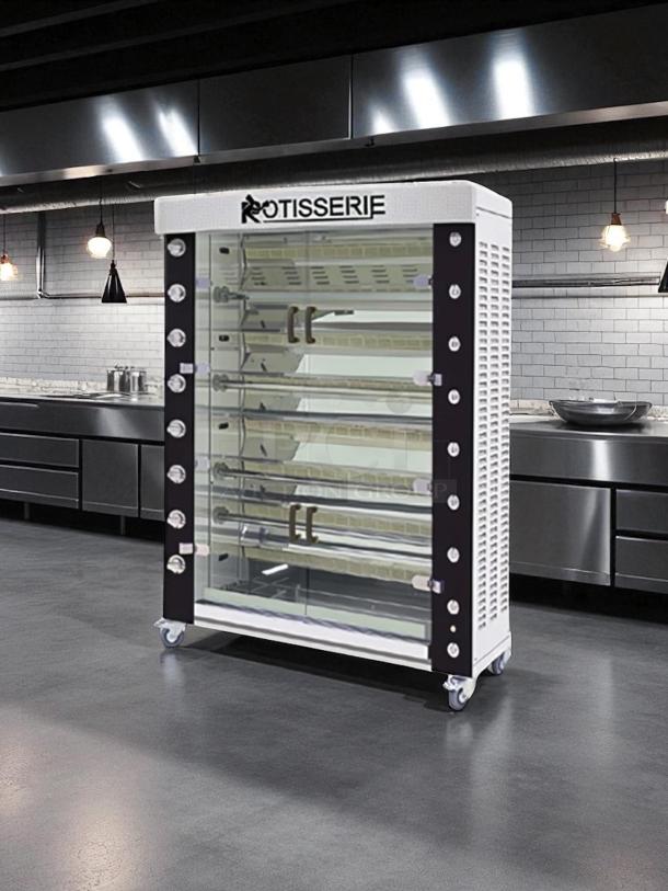 Commercial rotisserie oven with glass doors, multiple rotisserie rods, metal finish, wheels for mobility, "ROTISSERIE" label on top.