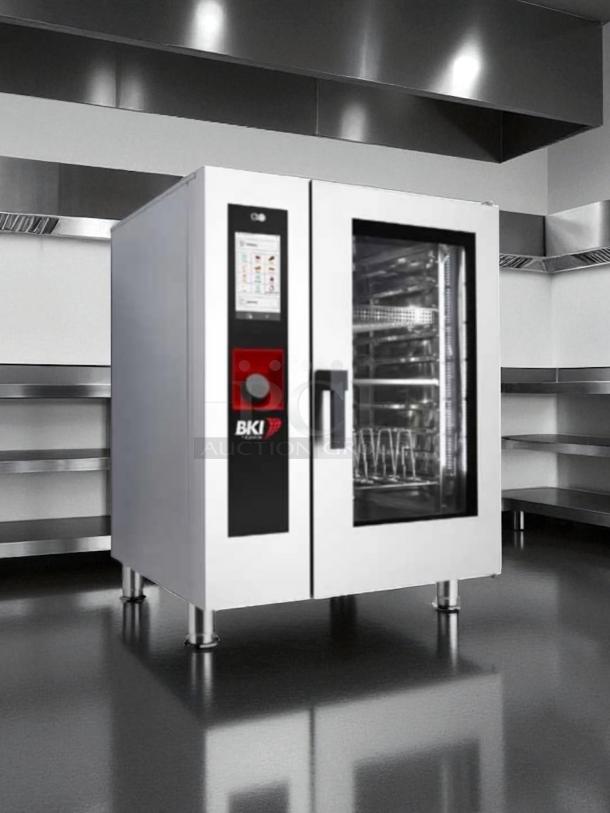 BKI commercial oven, model 132, stainless steel with digital controls, in excellent condition, visible brand logo.