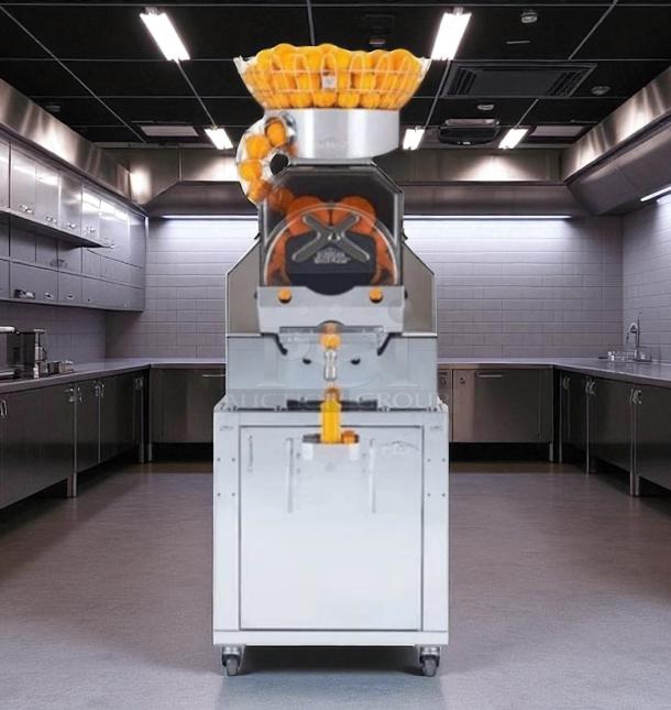 Commercial citrus juicer machine with metal body and clear juice chute, mounted on wheels, located in an industrial kitchen setting.
