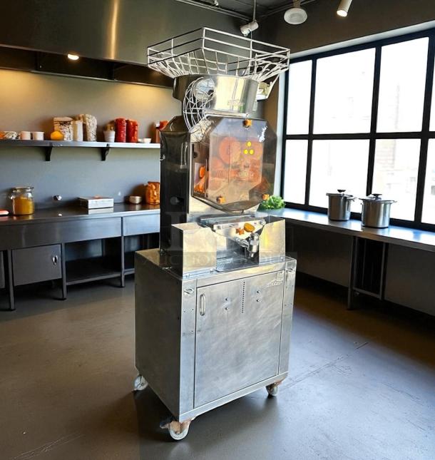 Commercial citrus juicer machine, stainless steel, model 134, in good condition, with visible safety cage and collection container.