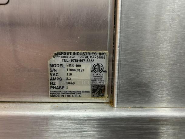 Somerset Industries SDR-400 label, serial 1708K0187; 110 VAC, 8.2 Amps, 50/60 Hz, Phase 1. Made in the USA.