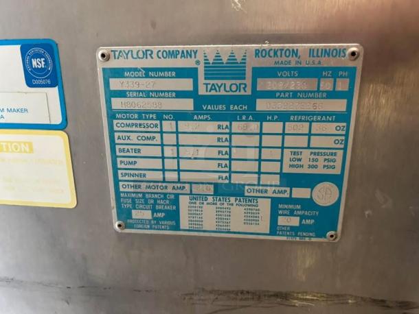 Taylor Company equipment label, model Y339-27, serial H8062588. Shows motor specs, refrigerant data, and part number 0339272666.