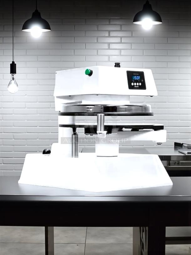 Electric kitchen appliance on table, digital display showing 150°F, white finish, modern design, three hanging lights above.