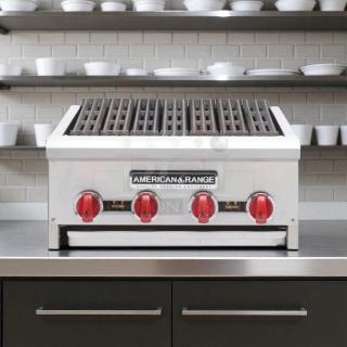 American Range countertop grill with four red knobs, stainless steel build, and heavy-duty grates. Ideal for commercial kitchens.