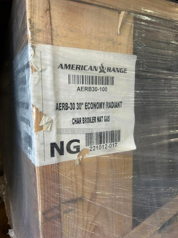 American Range AERB-30 30" Economy Radiant Char Broiler, natural gas, new in packaging with manufacturer label visible.