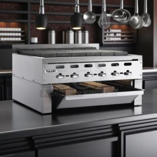 Vulcan commercial charbroiler grill, stainless steel, with adjustable knobs, used condition, model 148.
