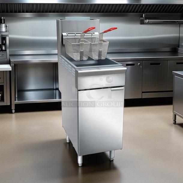 Commercial deep fryer with dual baskets and red handles. Stainless steel, pristine condition. Ideal for high-volume kitchens.