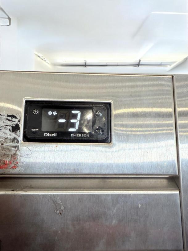 Economy Series EF1A-FS single door commercial freezer, stainless steel, excellent condition, Dixell temperature display showing -3.