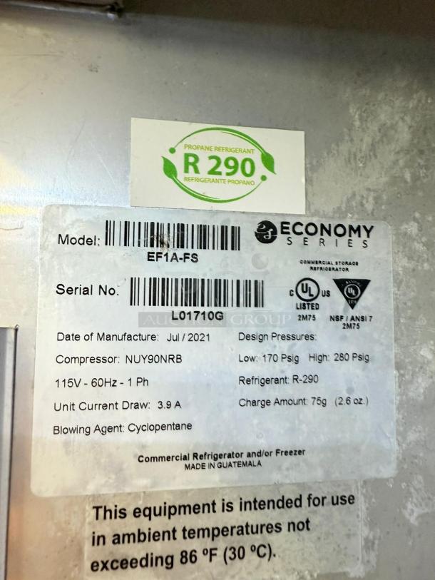 Economy Series EF1A-FS single door commercial freezer, excellent condition, 115V, tested working, refrigerant R-290.