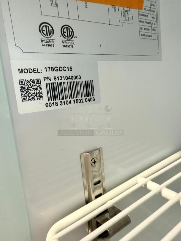 Excellent condition Atosa glass door merchandiser refrigerator, Model 178GDC15, 115V, fully tested, with visible model label and Intertek certification marks.