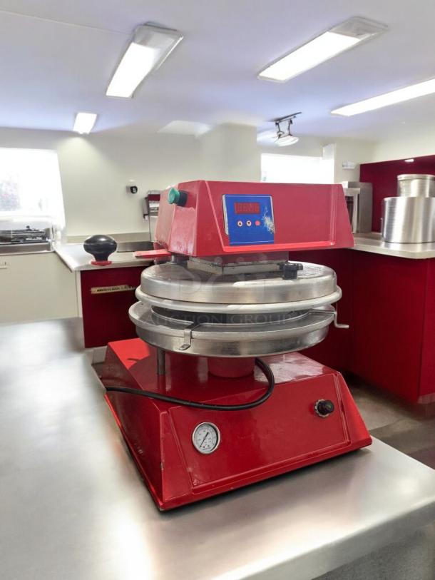 Commercial Line Heavy-Duty Dough Press, automatic, single plate, 120V, red, excellent condition, fully tested and working.