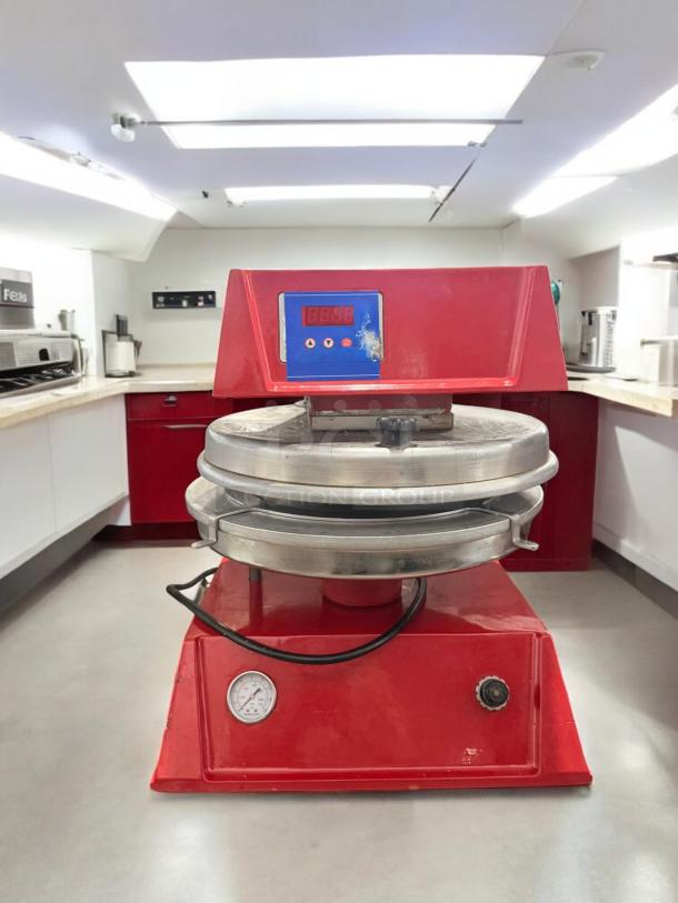 Commercial Line Heavy-Duty Dough Press, automatic, single plate, excellent condition, 120V, red, fully tested and working.