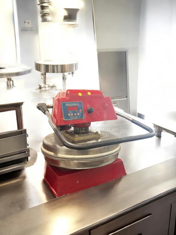DoughPro ProLuxe pizza dough press, excellent condition, red with digital control panel, heated platens, 120V.