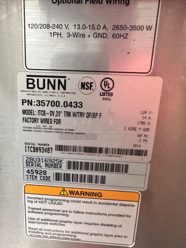 Bunn ITCB-DV-29 Automatic Brewer label, showing model, voltage range, and serial number. Stainless steel in excellent condition.
