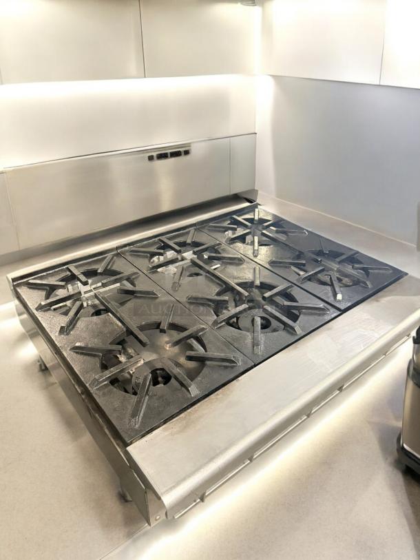 Imperial 6-Burner Gas Hot Plate, excellent condition, natural gas, 120V ignition, fully tested, stainless steel finish.