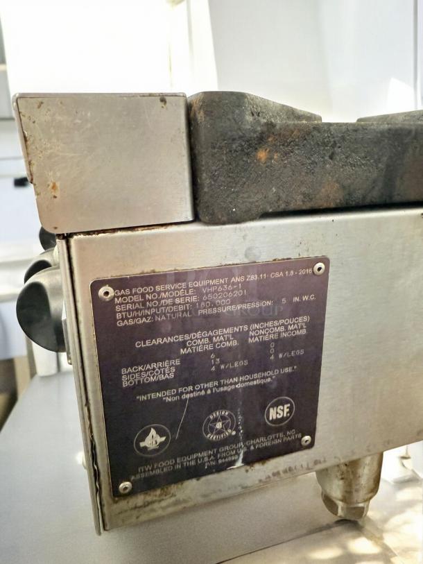 Vulcan VHP636-1 6-burner gas hot plate, natural gas, 120V ignition, in excellent condition, fully tested, NSF certified.