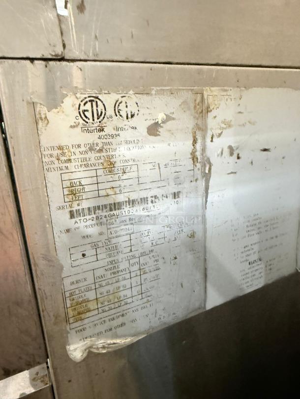 American Range 36" Gas Range model ATO-2824 label, showing technical specifications and ETL certifications.