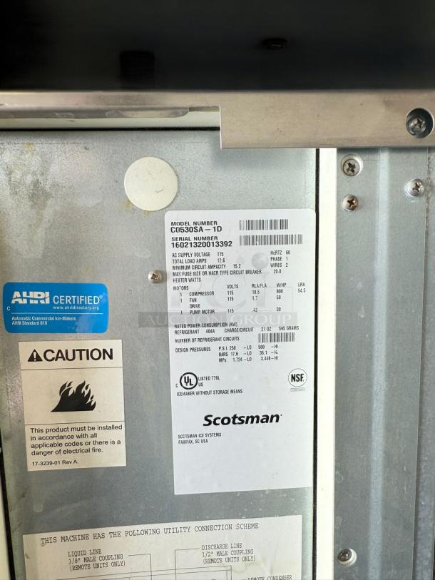 Scotsman C0530SA-1D Prodigy Ice Maker, air-cooled, excellent condition. Labels show model info and safety warnings.