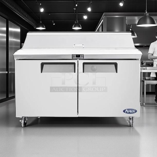 Atosa MSF8302GR 48" two-section sandwich/salad prep table, excellent condition, with two doors, 12 pans, 13.4 cu. ft., tested.
