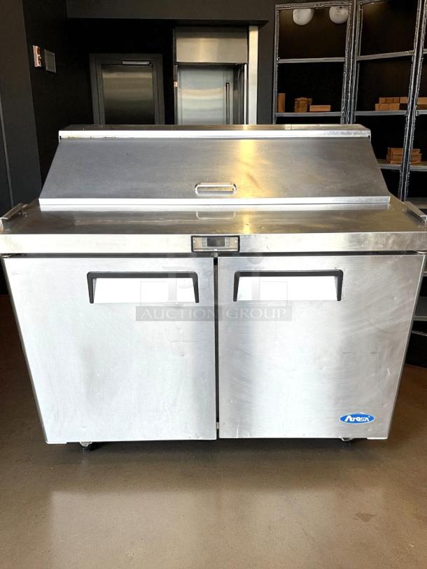 Atosa MSF8302GR 48" sandwich/salad prep table with 2 doors, 12 pans, and 13.4 cu. ft. capacity. Tested and working.
