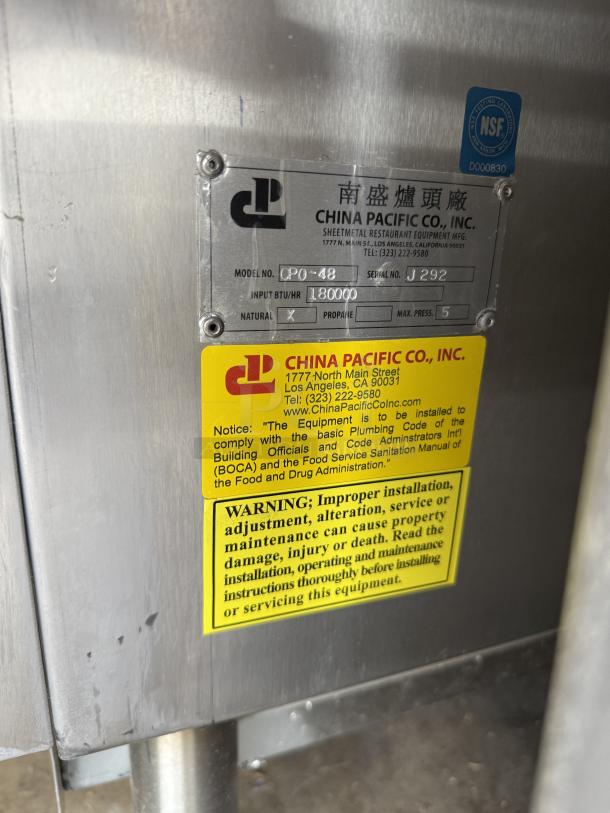 Stainless steel Chinese BBQ oven by China Pacific Co., Inc., Model EQ-36L/CPO-48, left hinge, tested and working condition.