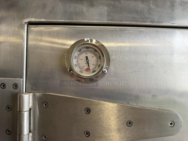 Stainless steel Chinese BBQ oven, CHINA PACIFIC CO., INC. EQ-36L, features left hinge, temperature gauge visible, excellent condition.