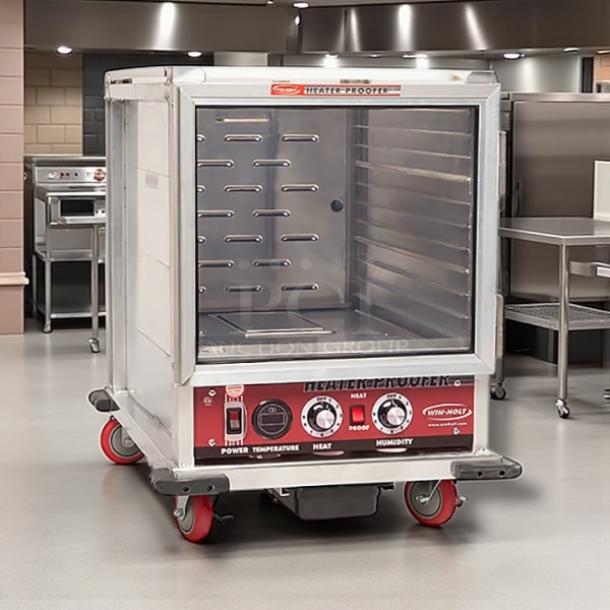 Win-Holt Model NHPL-1810/HN-CA/LC non-insulated heater/proofer cabinet, perfect condition, with control panel and casters.