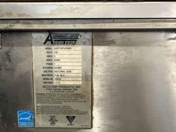 AccuTemp GGF1201A3650 griddle label showing model, specs, and Energy Star rating. Natural gas, 70,000 BTU, tested.