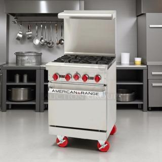 American Range AR-4 24" natural gas 4-burner range, space-saver oven, 155,000 BTU; excellent condition, tested working.