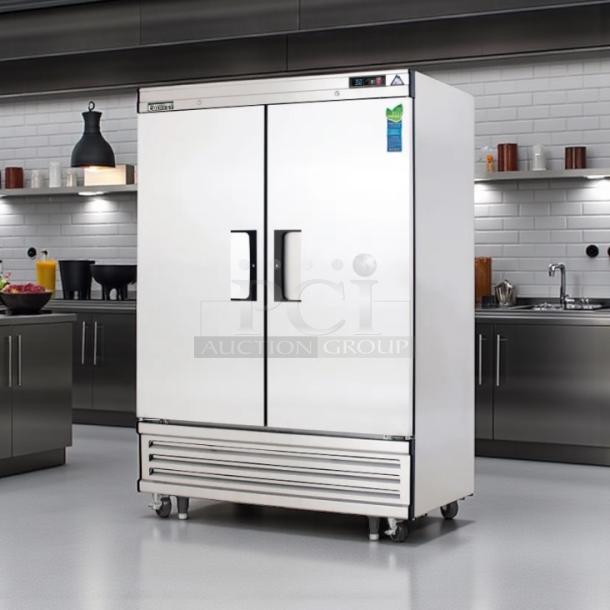 Everest EBR2 Reach-In Refrigerator, immaculate condition, 54 1/8" wide, two-section, 115v, tested & working, casters included.