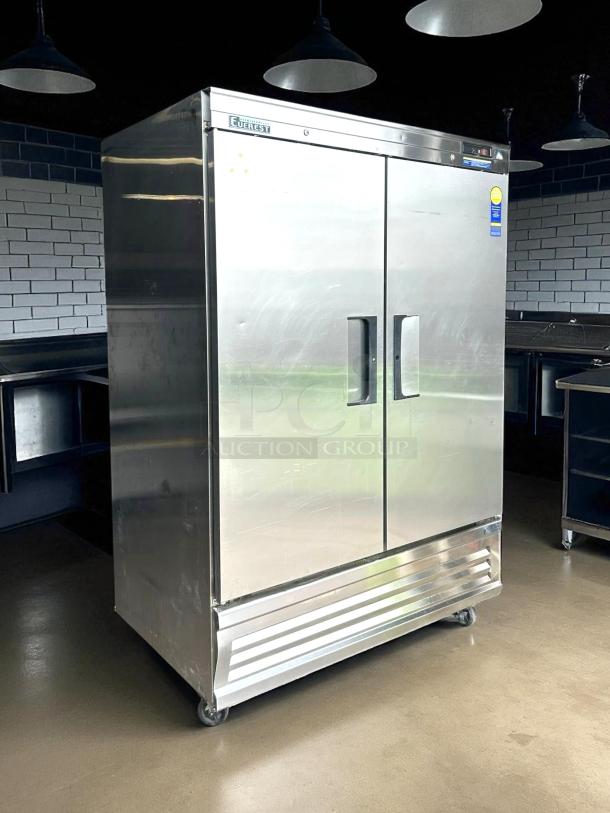 Immaculate Everest EBR2 reach-in refrigerator, 54 1/8", two sections, 115v, tested and working, stainless steel.