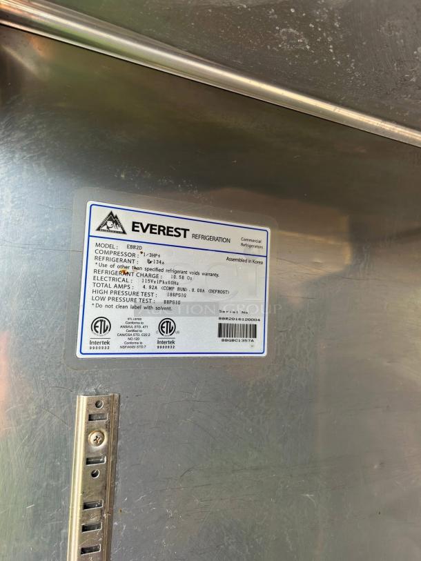 Everest Refrigeration EBR2 label, displaying model details, compressor specs, refrigerant type, and certification marks.