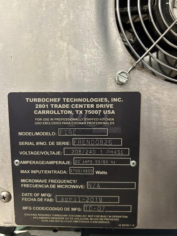 TurboChef FRE-9500-1 Fire model label, serial FREN00826, 208/240V, 1 phase, 3700/4800W, manufactured April 2019.