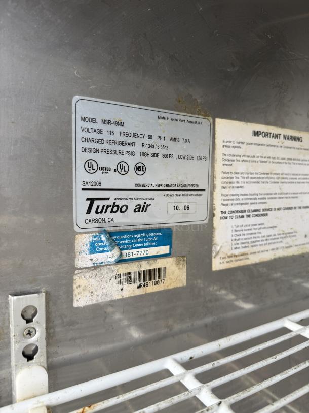 Turbo Air MSR-49NM 49cf commercial refrigerator label showing model, voltage, refrigerant details, and testing compliance.