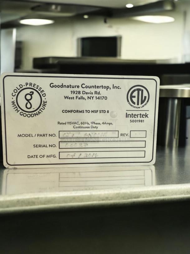 Goodnature Countertop Cold Press Juicer CT7 in excellent condition, model label shown with serial number and manufacturing date.